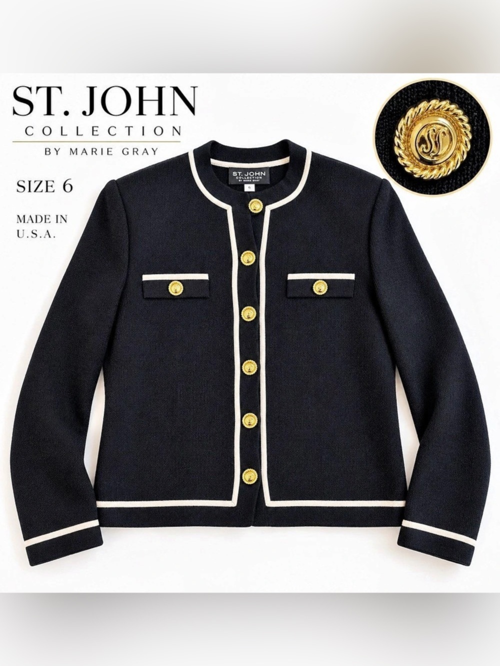 St. John Collection Marie Gray Black Ivory Knit Jacket Gold Buttons 6